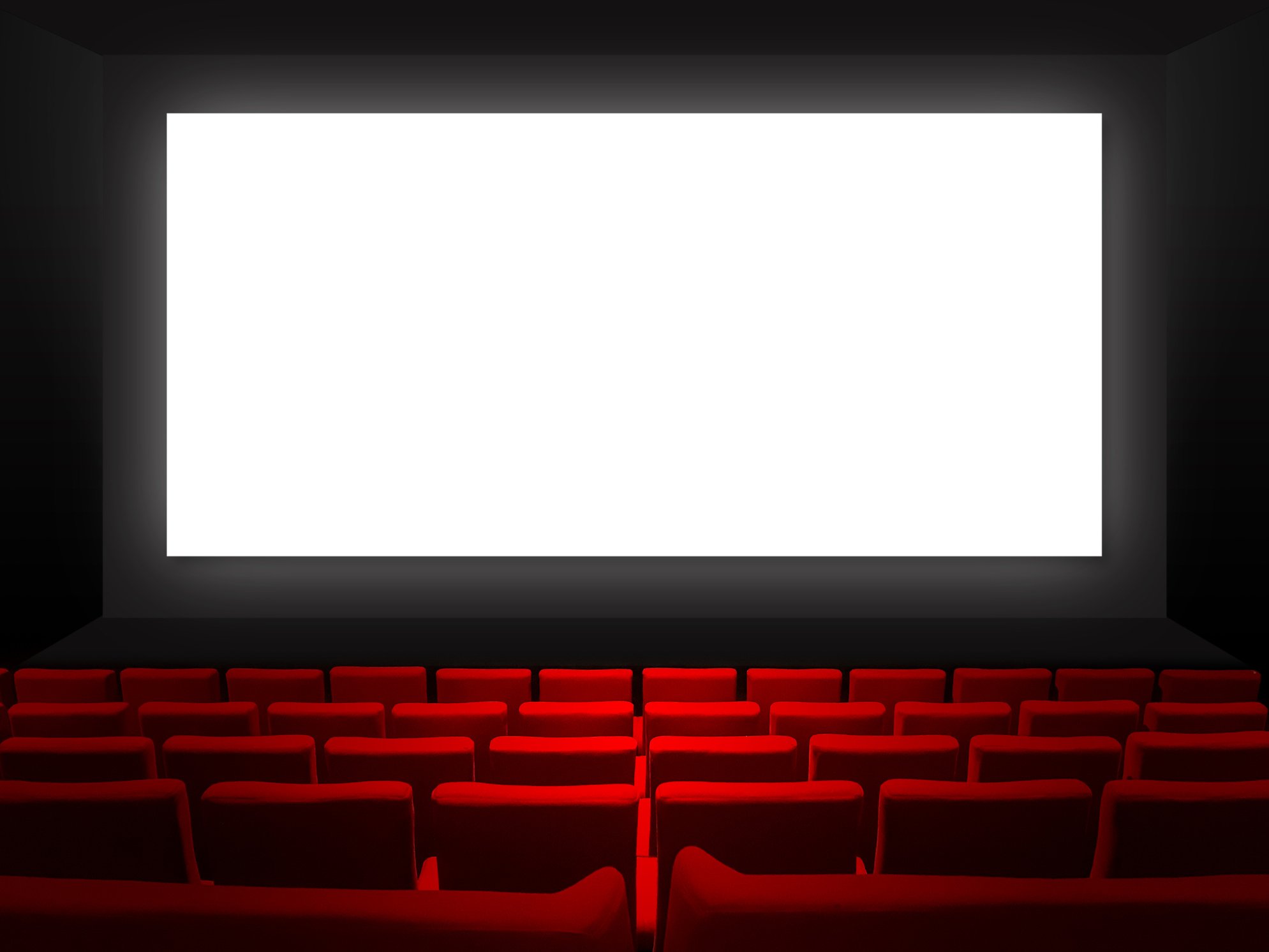 Movie Theater with Red Seats and Blank White Screen